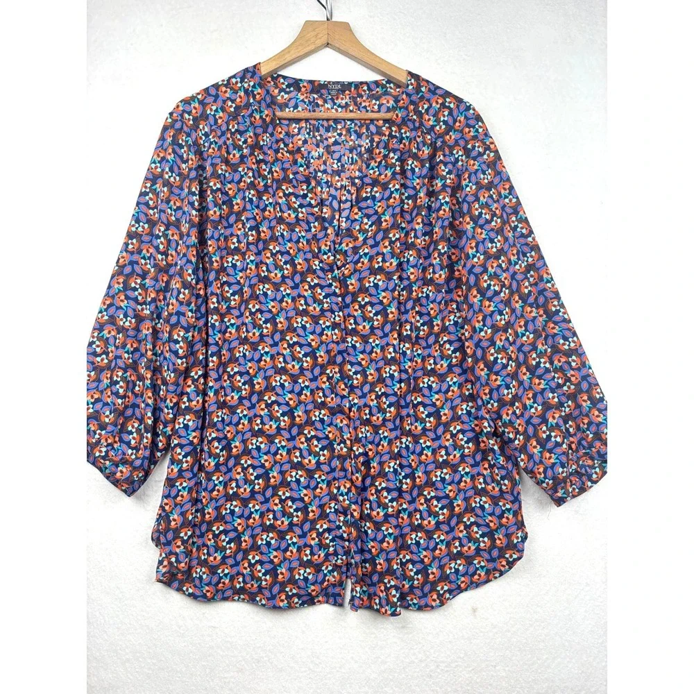 NYDJ Blouse Womens 2X Floral Pleated Back Relaxed Fit